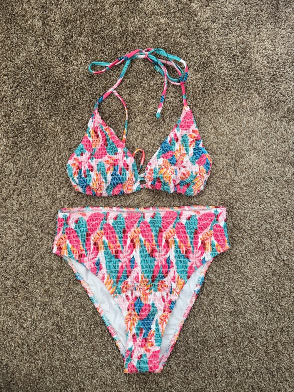 SHEIN Multicolor Smocked Triangle Bikini - Pink, Teal, Yellow